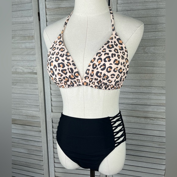 XHILARATION Bikini Set Leopard Triangle Top/High Waisted Black Bottoms-L and M - Picture 2 of 3